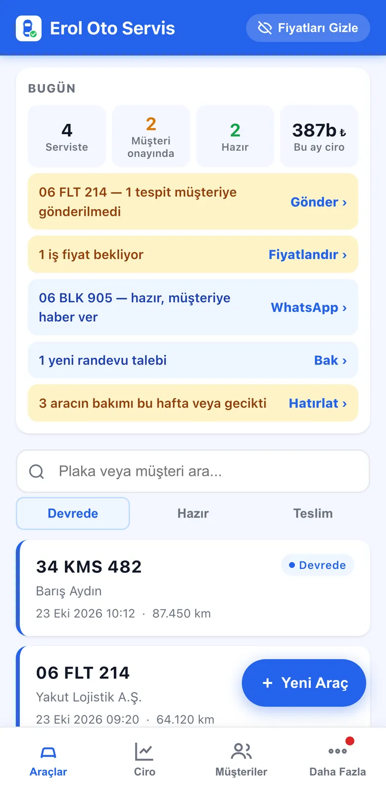 otoservo işveren ekranı: serviste, müşteri onayında ve hazır araçlar