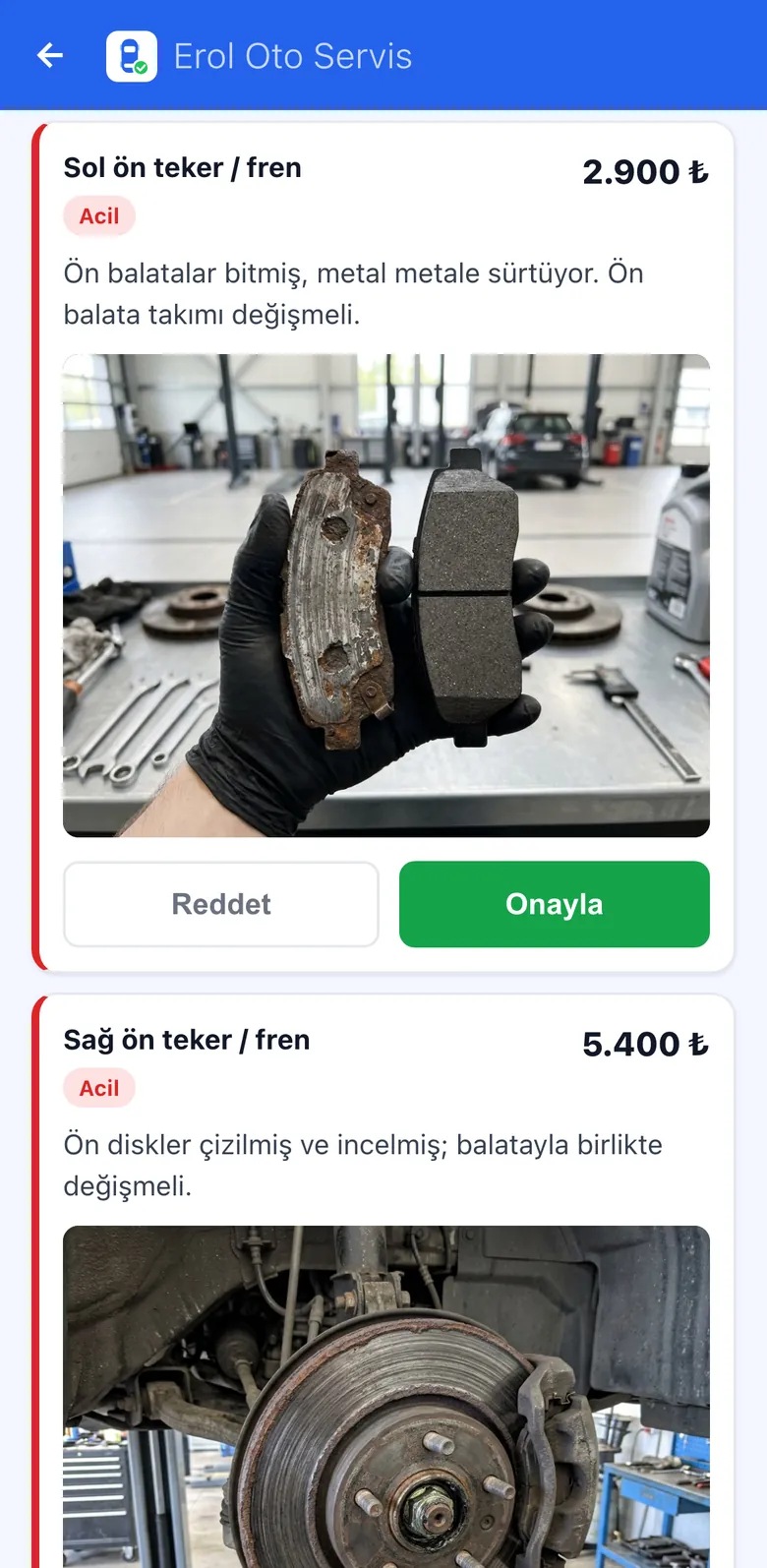 Müşterinin telefonunda fotoğraflı tespit ve onay ekranı